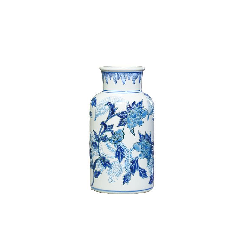 Blue & White Hand-Painted Porcelain Vase: Elegant Ceramic Ornament for Living Room or Entryway.