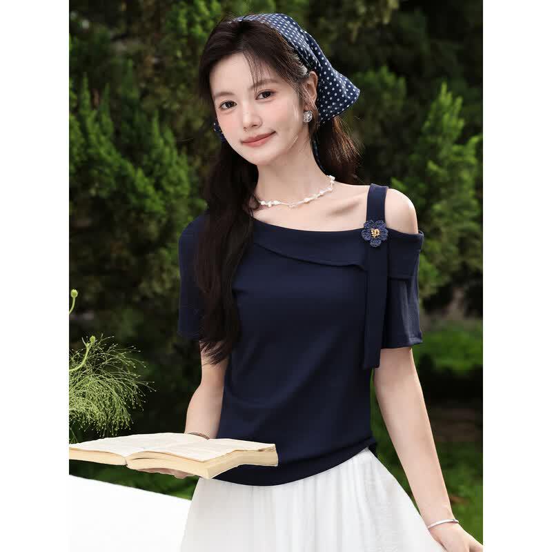 Women s French Style Off-Shoulder T-shirt L