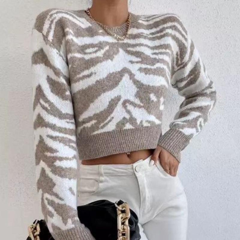 Women's Temperament Casual Slim Short Sweater New Color Collision Wave Pattern Wool Knit Sweater Tops