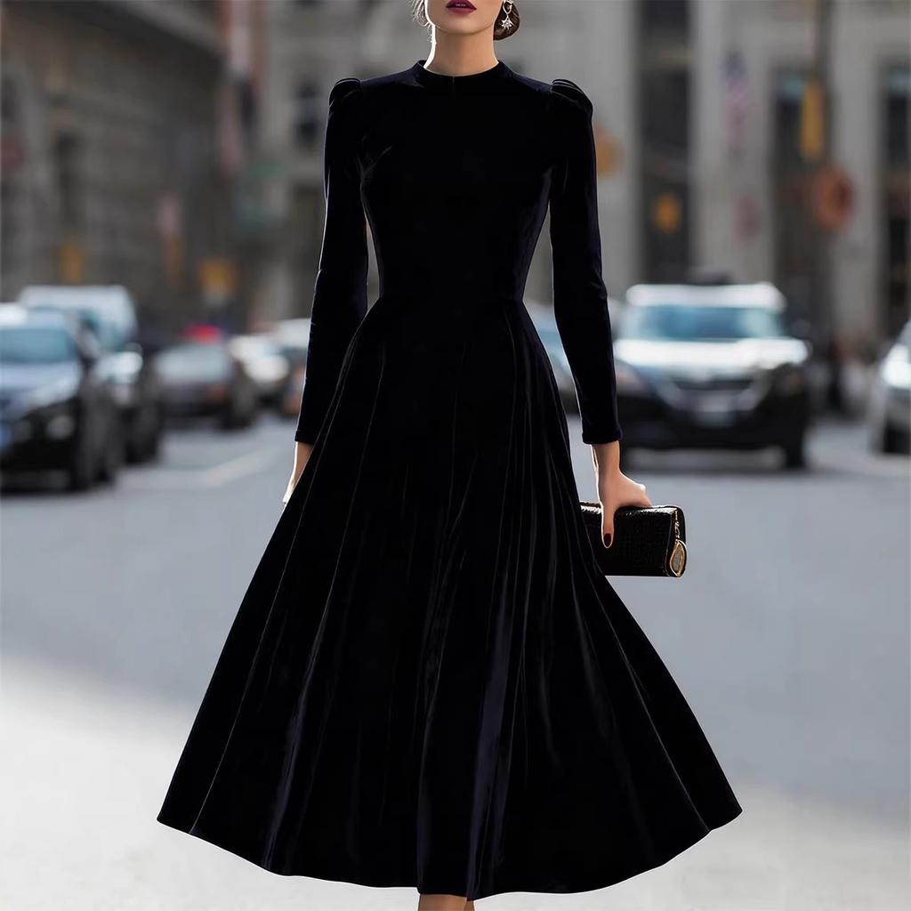 Spring Summer New Women's Elegant Round Neck Long Sleeve Korean Velvet Dress, Leisure Fashion For Women