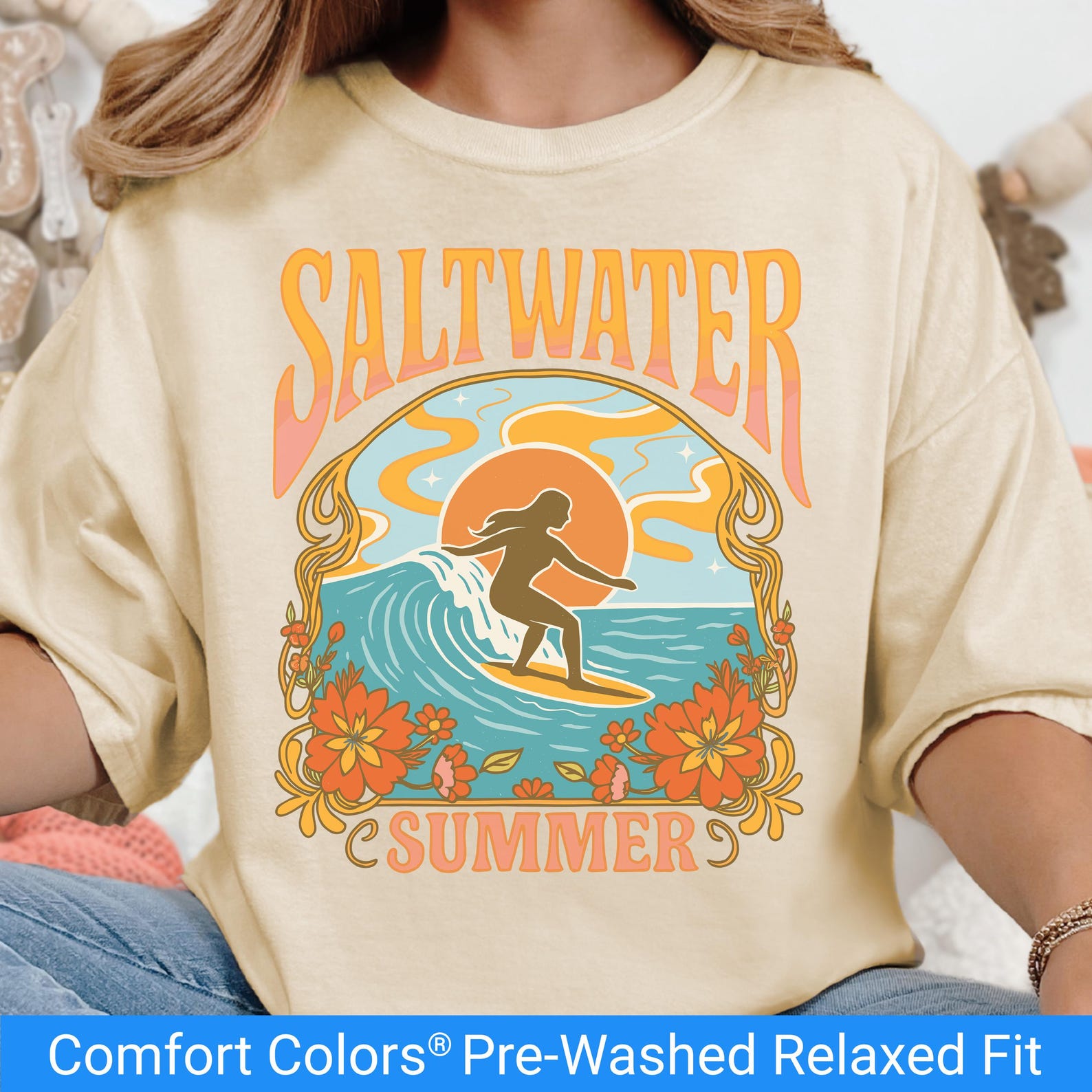 Saltwater Summer Comfort Colors Tee, Retro Surfer Girl Beach Shirt, Coastal Vacation Gift for Her, Vintage Surf Graphic Tee, 70s Surf Tee 4XL