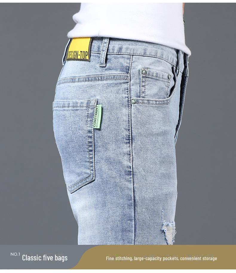Men's Summer Light Ripped Slim Straight Jeans - Elastic, Casual, Thin, Korean Style.