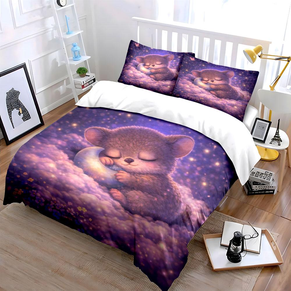 Adorable Bear In Dreamy Clouds Print Bedding Set 1 Duvet Cover 2 Pillowcases for Adult and Children Luxury Gift Full Size