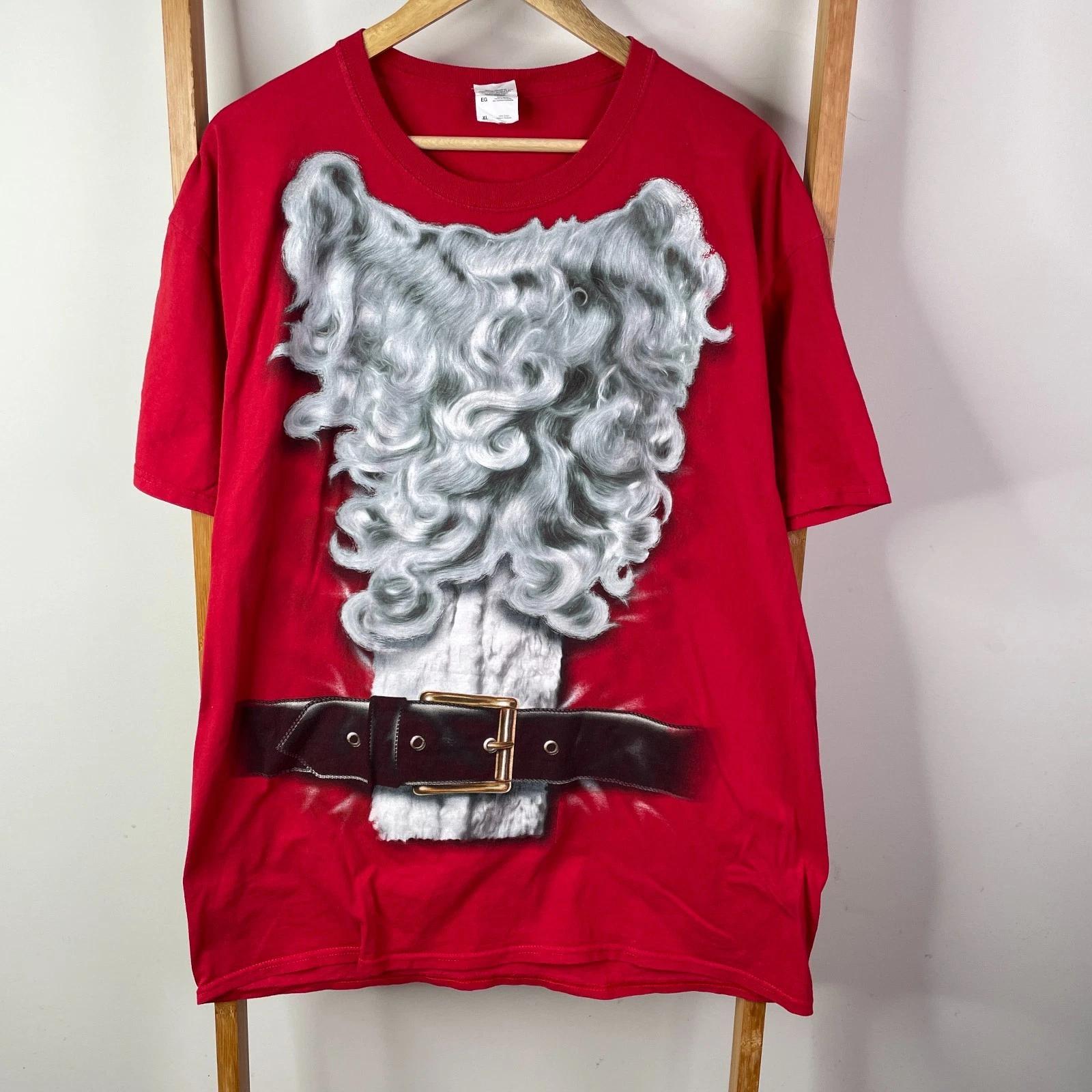 Santa Claus Shirt Mens Extra Large Red Beard Belt Graphic Print Short Sleeve S
