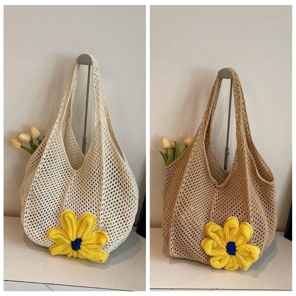 Durable Mesh Flower Woven Handbag Solid Color Large Capacity Crochet Tote Bag Spacious Bohemian Shopping Bag Girl