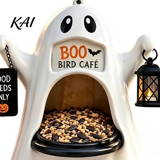 Ghost Bird Feeder Halloween Feeder, Outdoor Hanging Big Mouth Wild Feeding Decor Station, Spooky Resin Statue for Outside Garden Backyard Patio