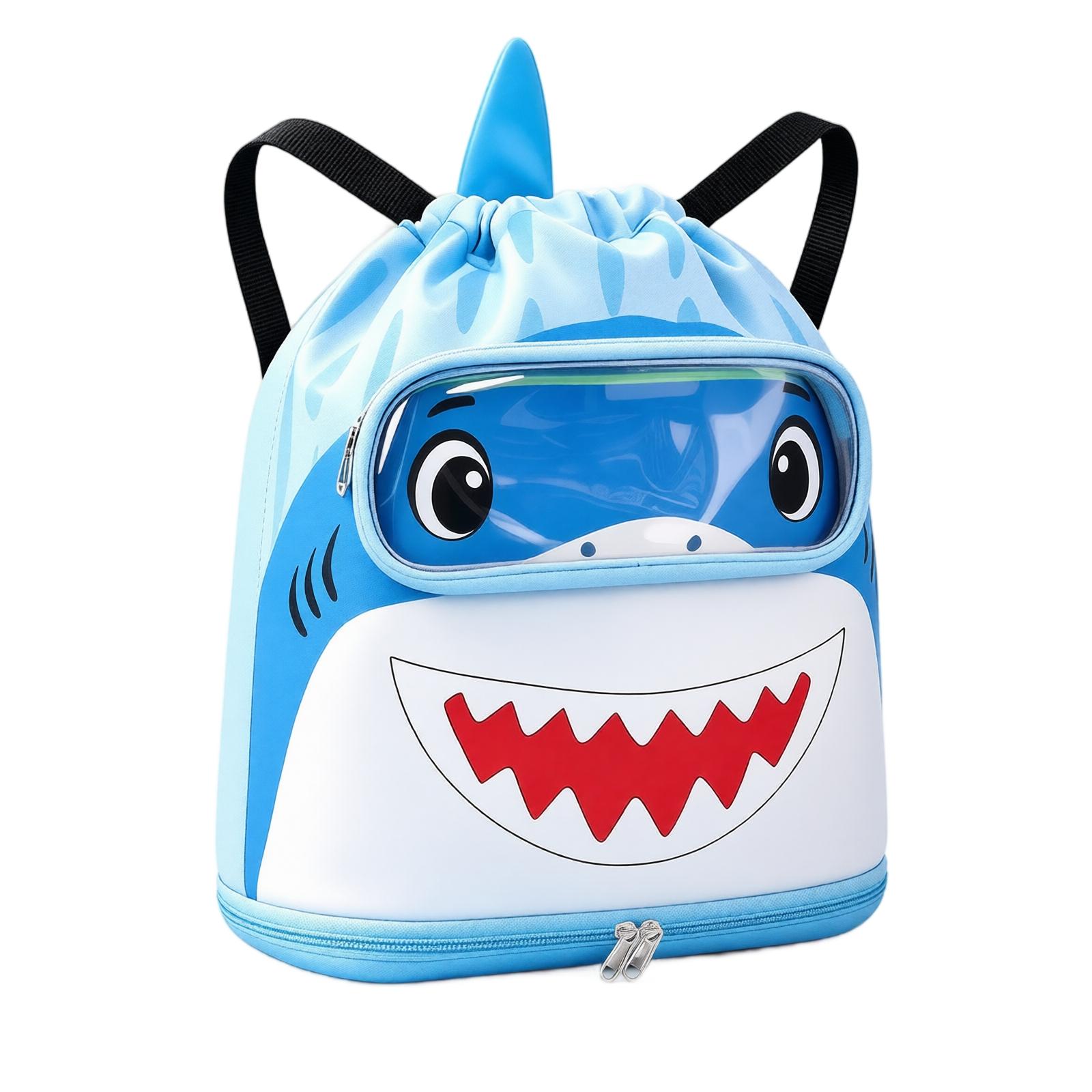 Cartoon Shark Design Swim Bag with Separate Shoe Compartment Beach Vacation Gym Portable Drawstring Backpack Storage Bag for Kids One Size