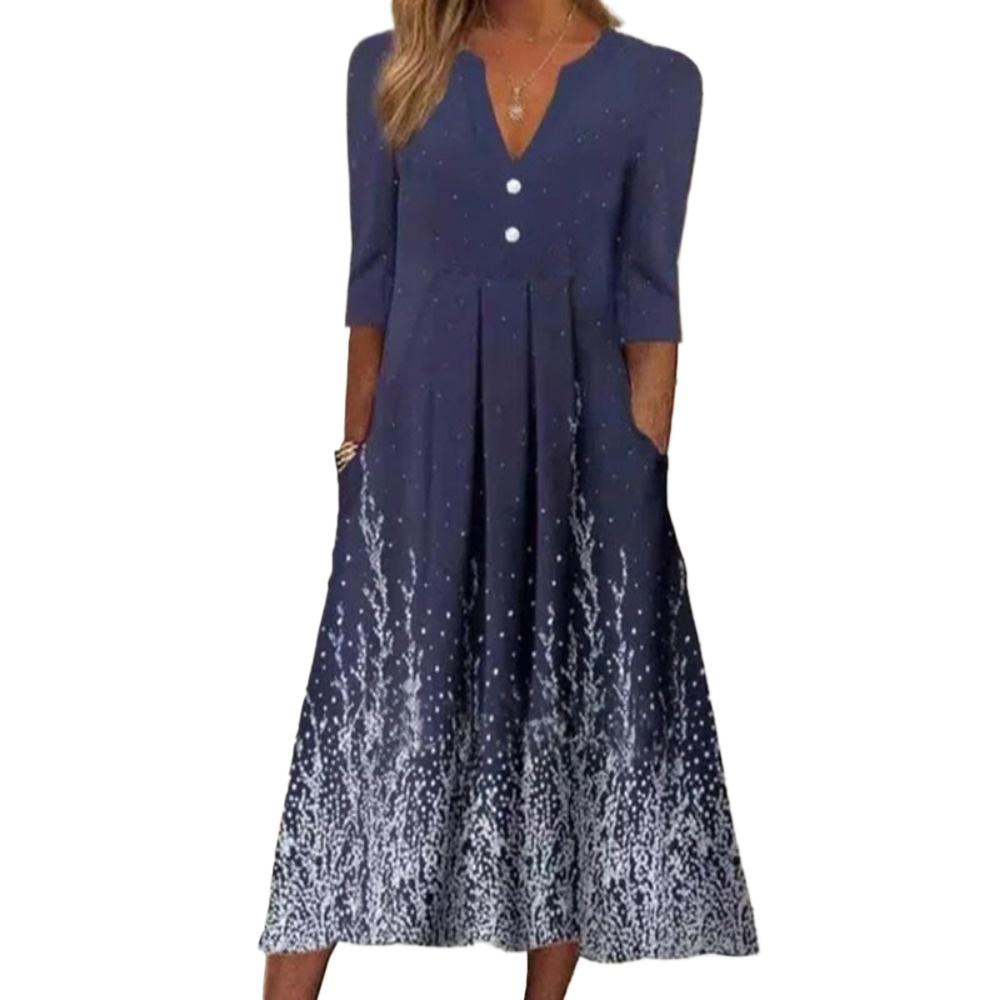 HNXC Damenmode Sommer Frühling Blumendruck 1/2 Ärmel V-Ausschnitt Freizeitkleider