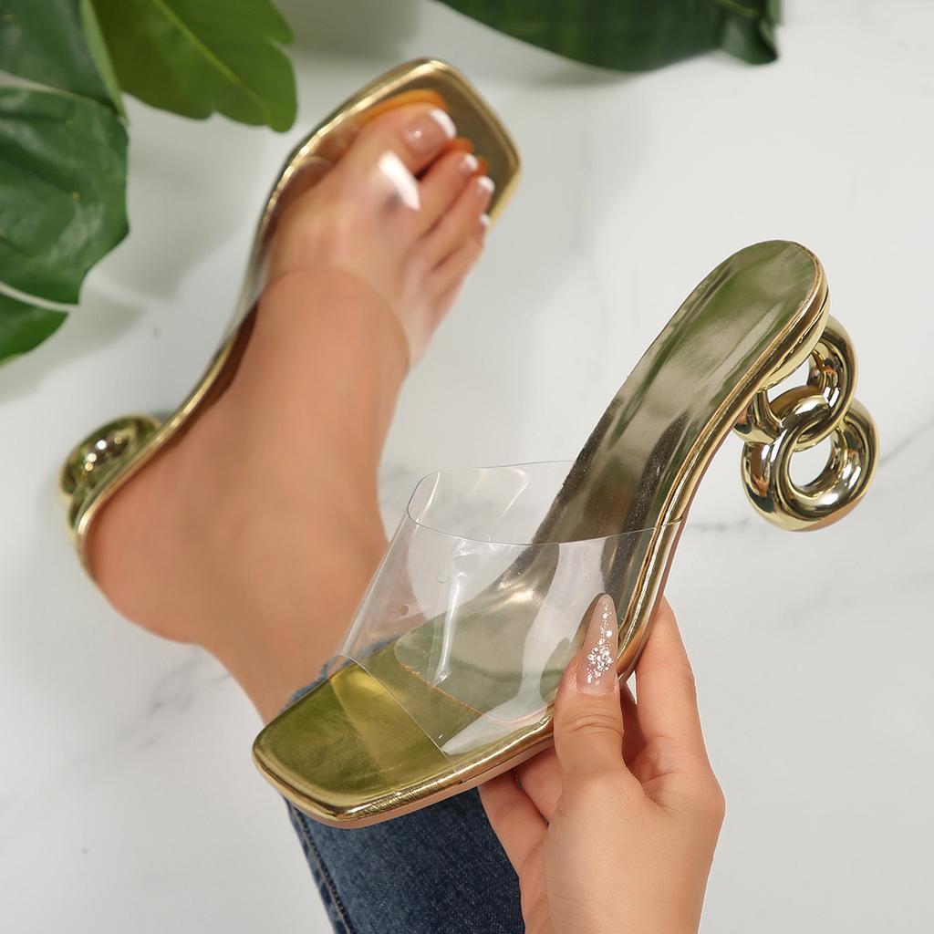 Summer new Roman sandals metal rhinestone cover toe transparent word with crystal high-heeled slippers