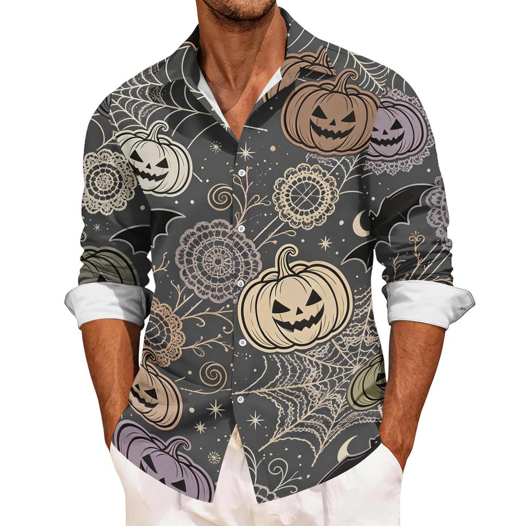 Men's Casual Long Sleeve Shirt with Halloween Print Relaxed Fit Button Down Top for Everyday and Festive Occasions