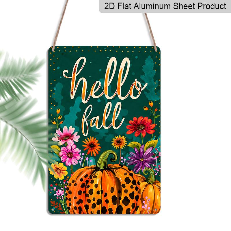 2D Flat Hello Fall Leopard Print Pumpkin Floral Metal Sign - 8.0x12.0inch Aluminum Wall Art, Colorful Autumn Farmhouse Front Porch Decor - Easy