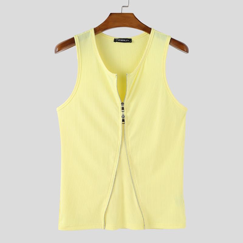 

INCERUN Men Summer Round Neck Sleeveless Zip-up Casual Fitted Rib Tank Tops 3XL жёлтый