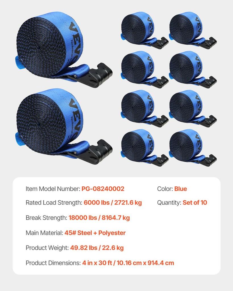 Winch Straps, 4" X 30', 6000 Lbs Load Capacity, 18000 Lbs Breaking Strength, Truck Straps with Flat Hook, Flatbed Tie Downs Cargo Control for