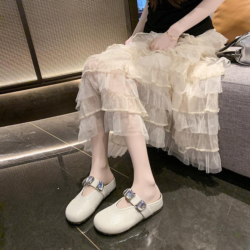 Internet celebrity super fire fairy wind square head baotou rhinestone versatile slippers women's shoes summer wear 2025 new flat sandals