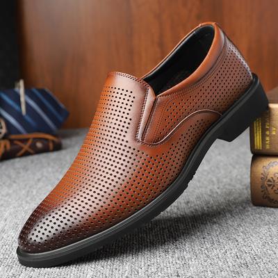 Genuine Leather Men's Shoes Summer Hollow Out Comfortable Casual Work Shoes Slip-on Cowhide Soft Formal Business Wedding Shoes