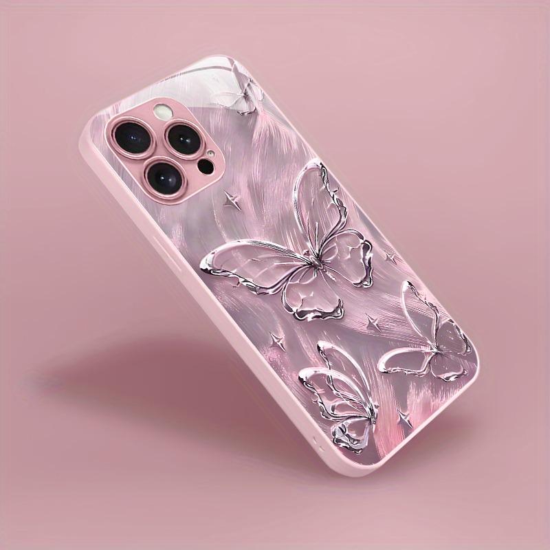 Glänzendes Schmetterlingsmuster Rosa Metallic Lack Glas Harte Handyhülle Für iPhone 17Air 17 16 15 14 13 12 11 Pro Max Plus 16E Hülle