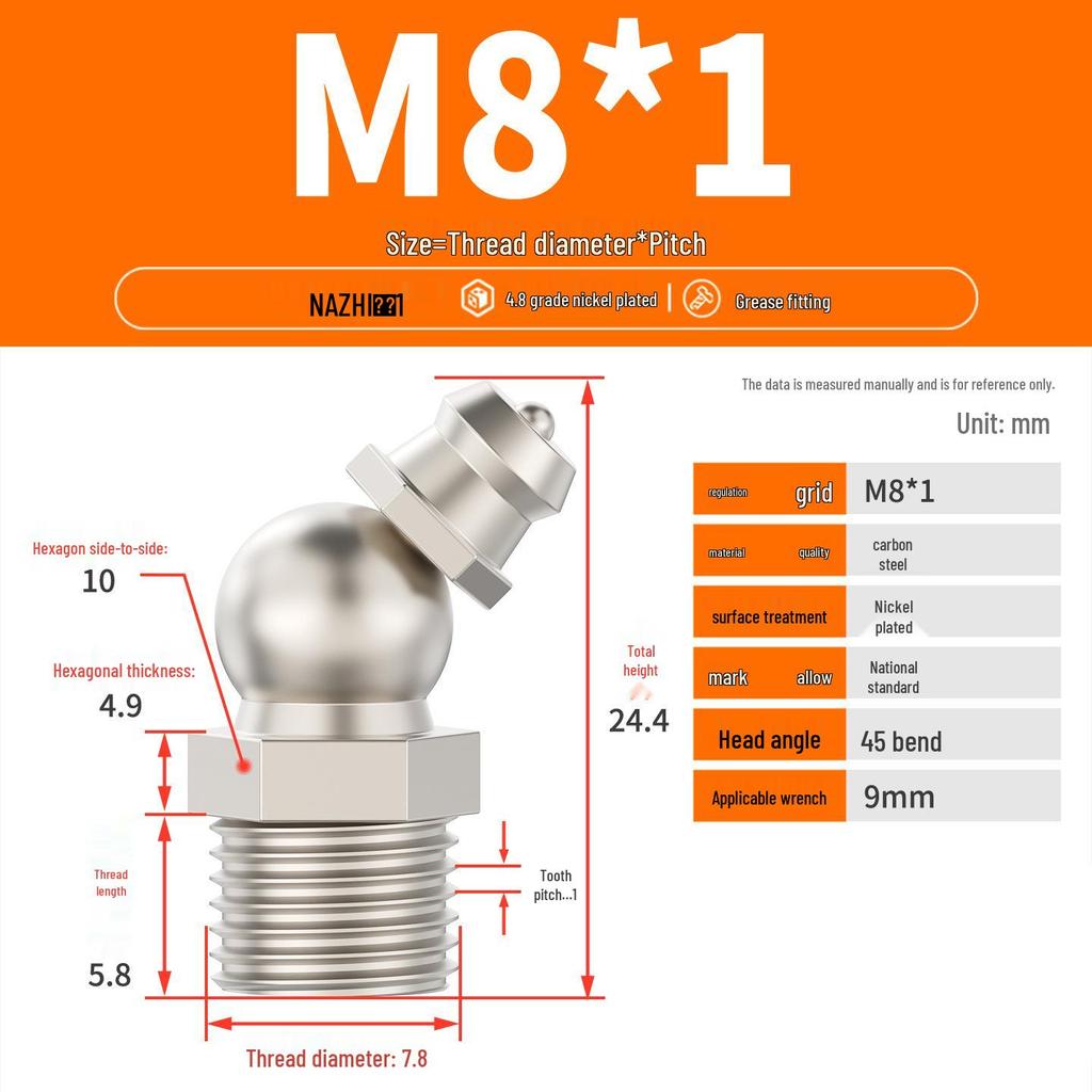 Nickel-Plated Iron Bent Grease Nipple Grease Gun Head M6-M14 G1/8