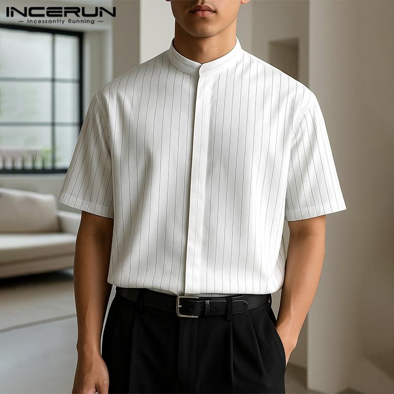 INCERUN Men Collarless Short Sleeve Striped Print Casual Office Shirts Tops