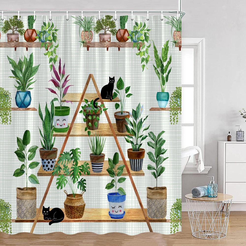 Grüne Topfpflanzen Duschvorhänge Cartoon Katzen Hängende Tropische Blätter Dekorationen Für Bad Polyestergewebe Badezimmervorhang