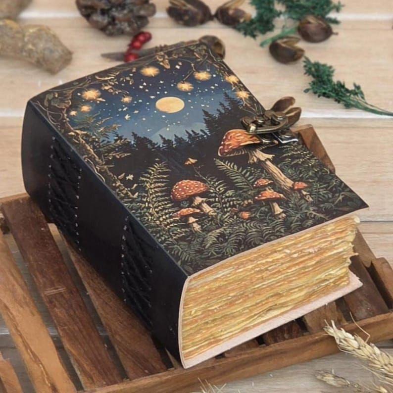 Handmade Leather Journal with Lock: Mushroom & Fairy Tale Grimoire