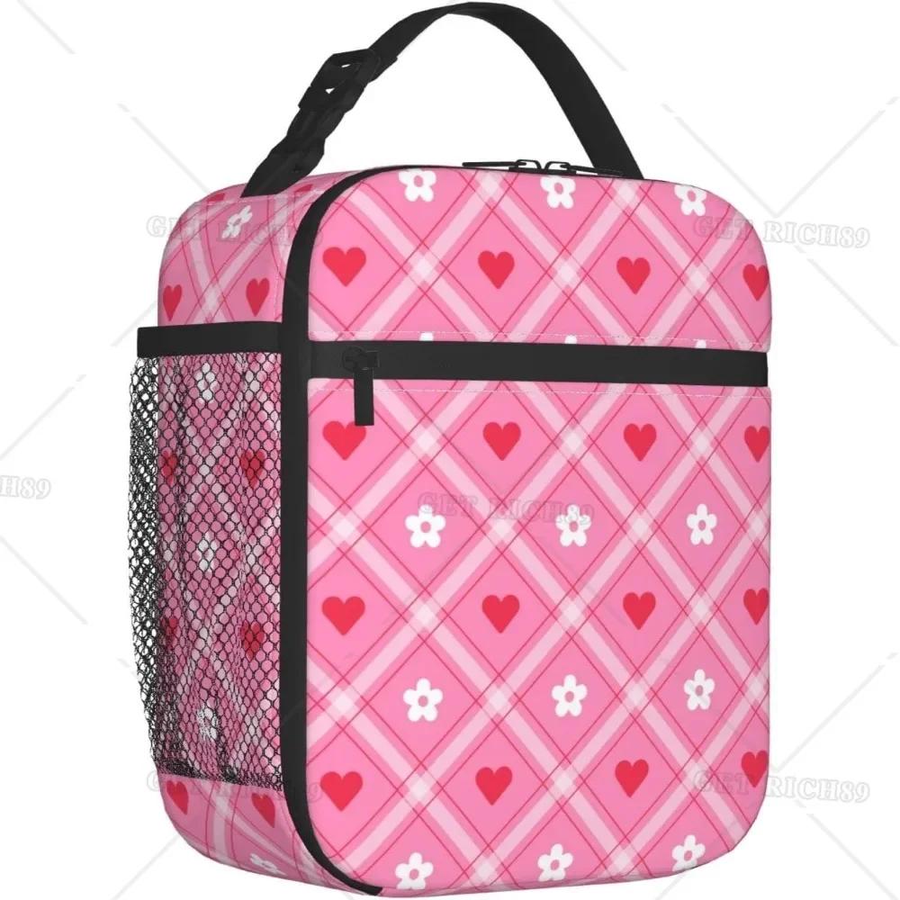 Cute Love Heart Pink Lunch Bag for Women Men Valentine's Day Theme Reusable Insulated Cooler Box for Work Office Picnic