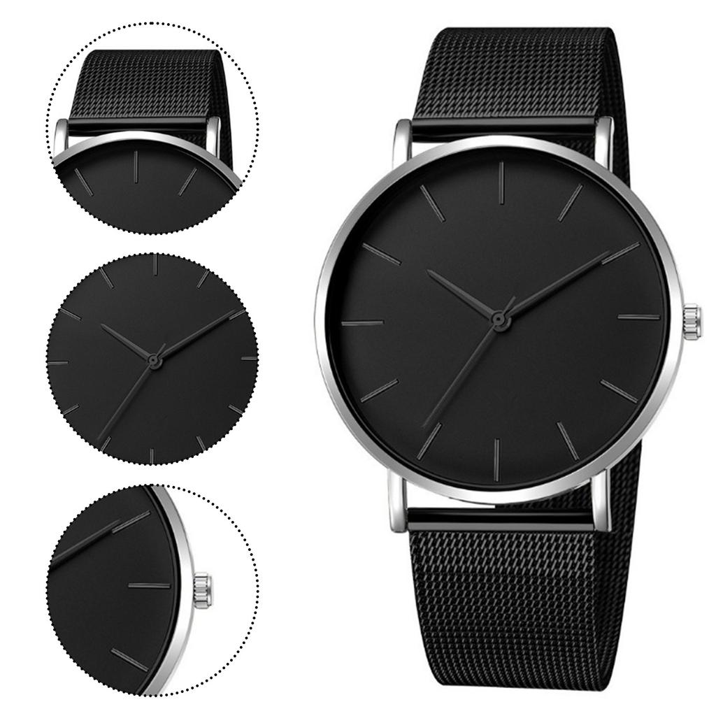 Trendy Minimalist Men’s Watch Modern Black Mesh Band Quartz Watch Chic Gold Accent Matte Black Face Slim Round Case Wristwatch