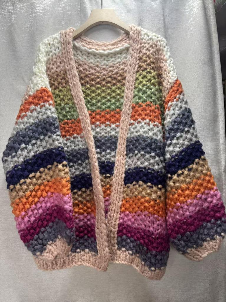 Autumn/Winter European Rainbow Stripe Handmade Sweater Coat for Women