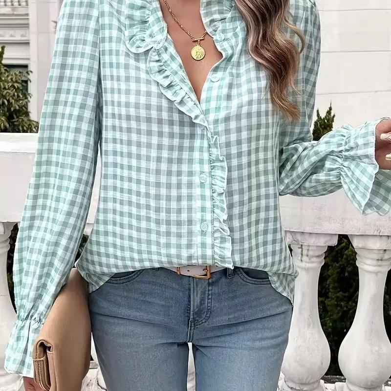 European Style Spring V-Neck Plaid Blouse Fashion Elegant Long Sleeve Women Clothing M