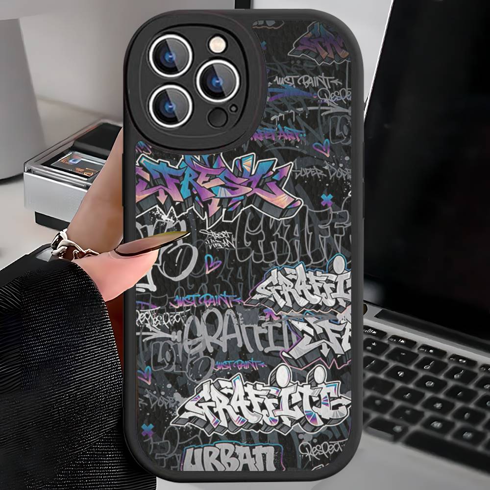 Coole Schwarze Graffiti Leder Handyhülle Für iPhone 16 15 14 17 Pro Max 11 12 Mini Plus Weiche Hülle