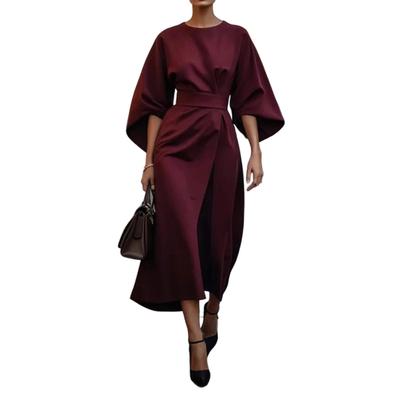Damenkleid, schmale Taille, einfarbig, Fledermausärmel, Midikleid, wadenlang, Abendkleid, Rundhalsausschnitt, langes Kleid für Pendeln, Party, Dating