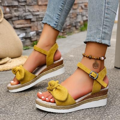 2025 Summer New Bow Wedge Heel Sandals New Fashion Platform Thick Bottom Sandals Buckle Casual Comfortable Sandals for Shoes