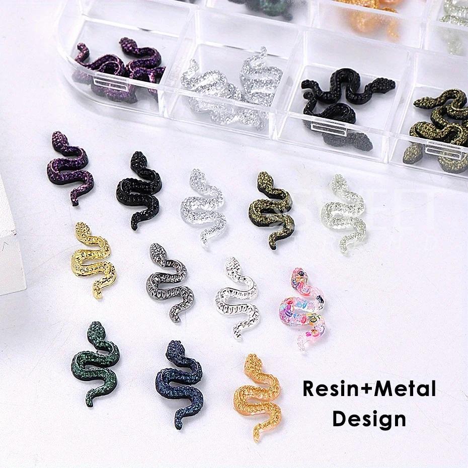 12 Grids Punk Gothic Snake Nail Decoration Charms Resin And Metal Design Shiny Jewelry DIY Halloween Holiday Style Manicure Part