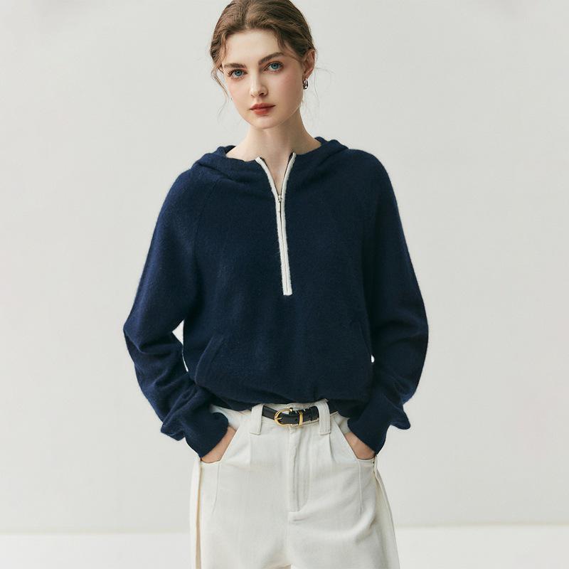 Women's Elegant Hooded Half-Zip Cashmere Sweater - Versatile Knitwear for Autumn/Winter 2026