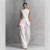 Women's Stand Collar Sleeveless Button Down Top And Wide Leg Pants 2 Piece Linen Set