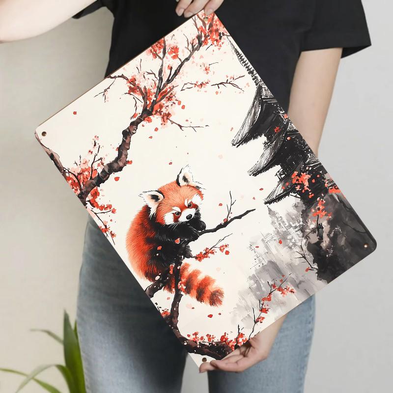 

Chinese Style Red Panda Sakura Ancient Architecture Metal Iron Painting Home Wall Decor Mural 20x30cm（7.8x11.8inch）