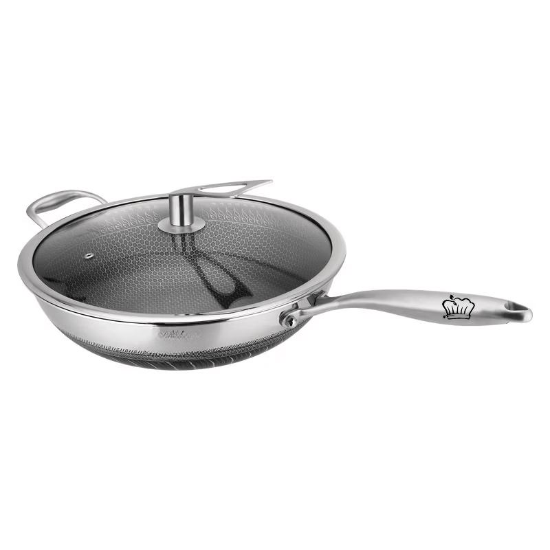 Wutuo 316 Stainless Steel Honeycomb Flat-Bottom Wok with Lid