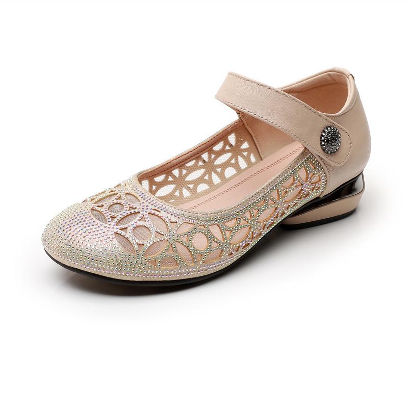 

Fashion GKTINOO Mom Shoes Summer Sandals Soft Sole Closed Toe Low Heels Mesh Single Shoes Genuine Leather Rhinestone Large Size 12