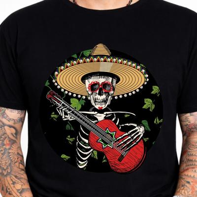 Day Of Dead Skeleton Guitar Graphic T-Shirt Mexican Sugar Skull Mariachi Tee