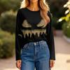 Women's Halloween Print Long Sleeve Top with Round Neck and Hem Slit for Casual Party Wear