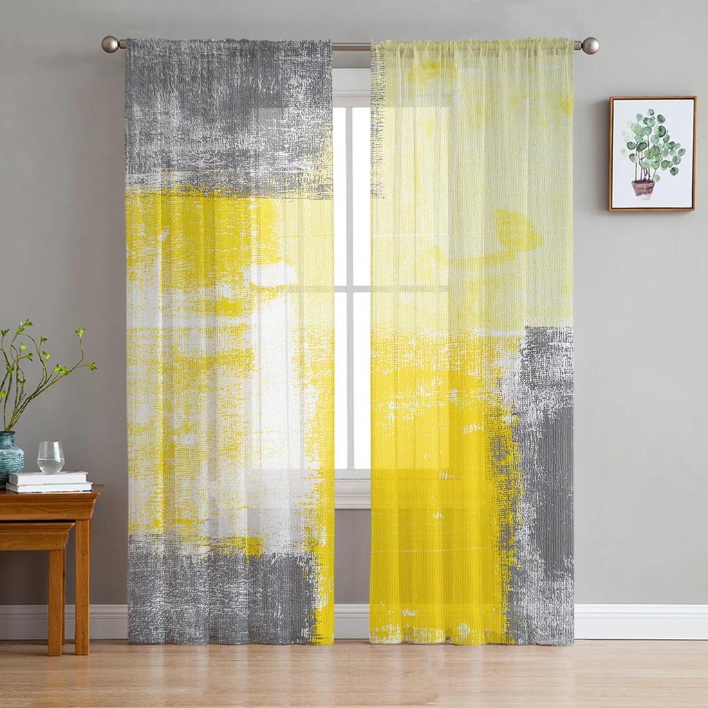 Sheer Paint Abstract Geometric Yellow Tulle Curtains Living Room Bedroom Kitchen Window Treatment Chiffon Curtain Blinds Polyester Washable Area Ready