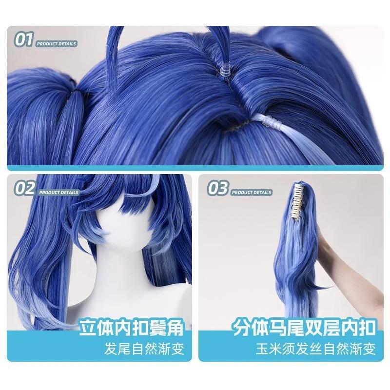 Juego Iuno Cabello Sintético Largo Degradado Azul Doble Cola de Caballo Peluca Cosplay Cabello Resistente al Calor Pelucas para Fiesta de Halloween