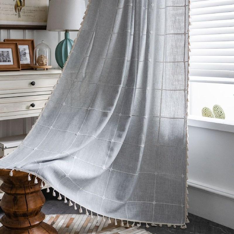 

American Cotton Linen Plaid Curtains for Living Room Semi Blackout Bedroom Drapes Cabinet Home Life Tassel Decorative Valance W132 x H45cm&Threading Rod