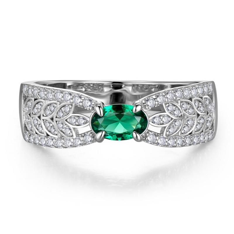 Sterling  Leaf Band Oval Green Cubic Zirconia Wedding Rings for Women New Exquisite Finger Accessories Fashion Jewelry