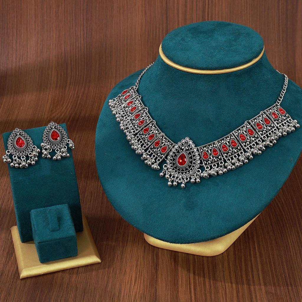 Vintage Teardrop Gemstone Earrings & Diamond Bead Necklace Set