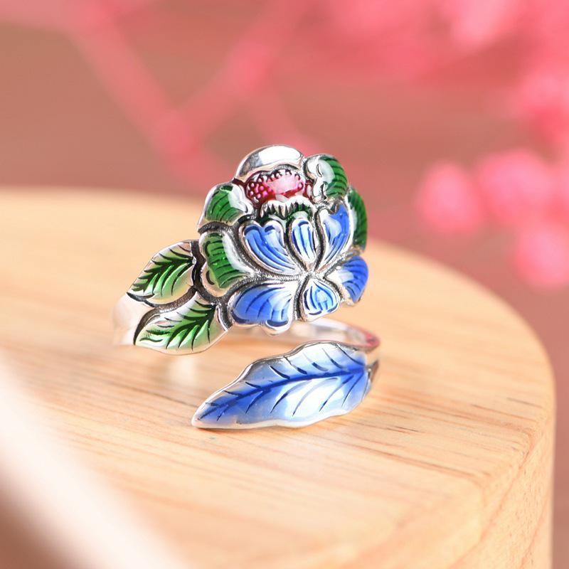 Elegant Peony Flower Ring, S925 Sterling Silver, Chinese Ethnic Style, Open Design for Women.