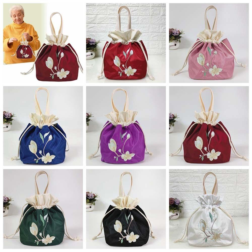 Satin Silk Embroidery Flower Handbag Ruffle Floral Bucket Bag Sweet Hanfu Drawstrings Bag  Shopping