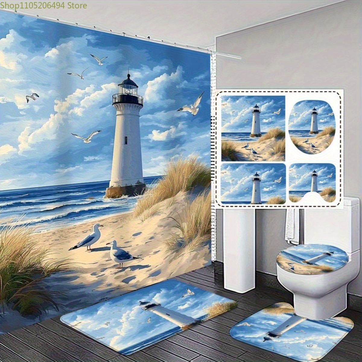 

1/3/4pcs Coastal Lighthouse Shower Curtain Set with Non-Slip Bath & Toilet Cover - 2D Flat Design, Machine Washable Polyester, 4pcs-Set