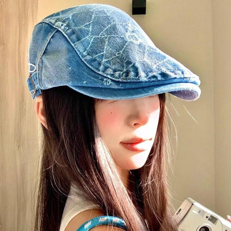 Washed cowboy forward hat, women's versatile big head circumference, wearing a duck tongue beret to show the face, small hat spring and autumn