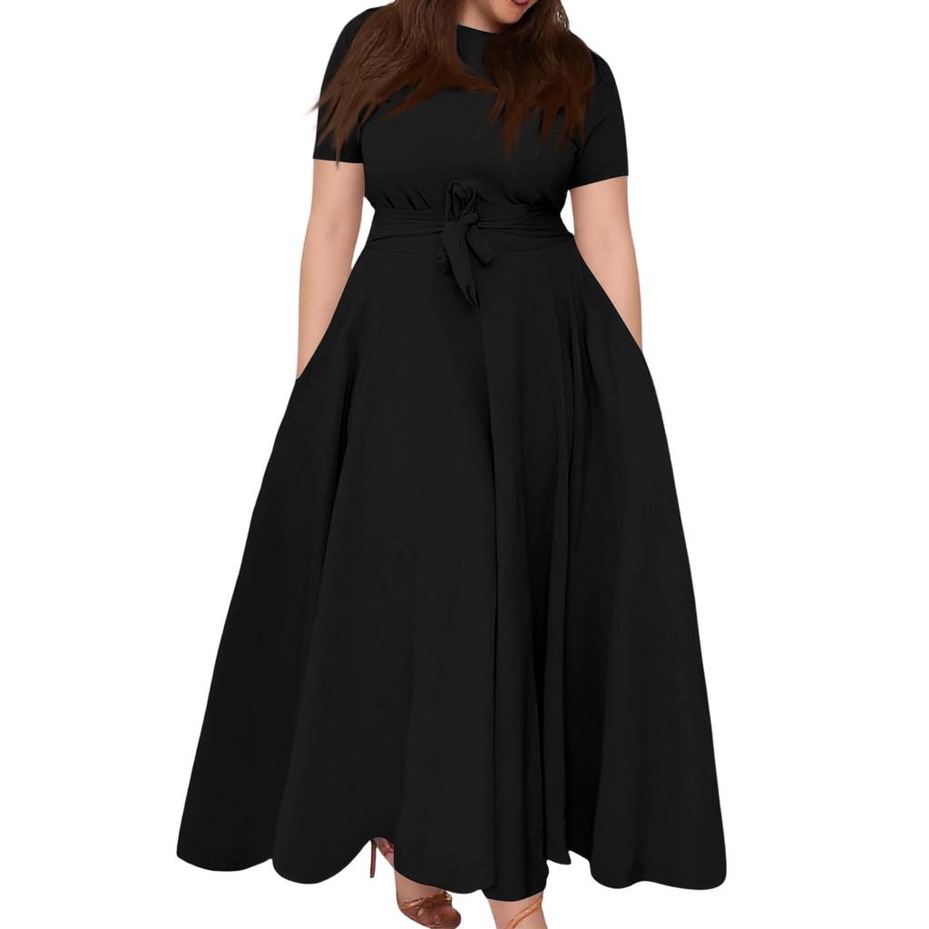Women's Casual Fashion Large Size Color Round Neck Short Sleeve Pocket Straps Swing Dress