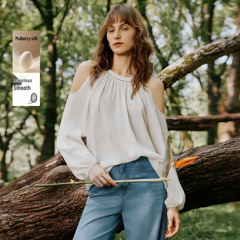 ELLE 100% Silk French Off-Shoulder Halter Shirt M